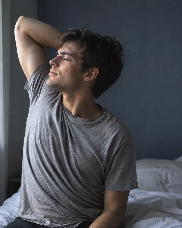A young adult in a loose grey T-shirt sits on a bed with one arm raised behind the head and eyes closed, lit from the left against a plain slate-blue wall.