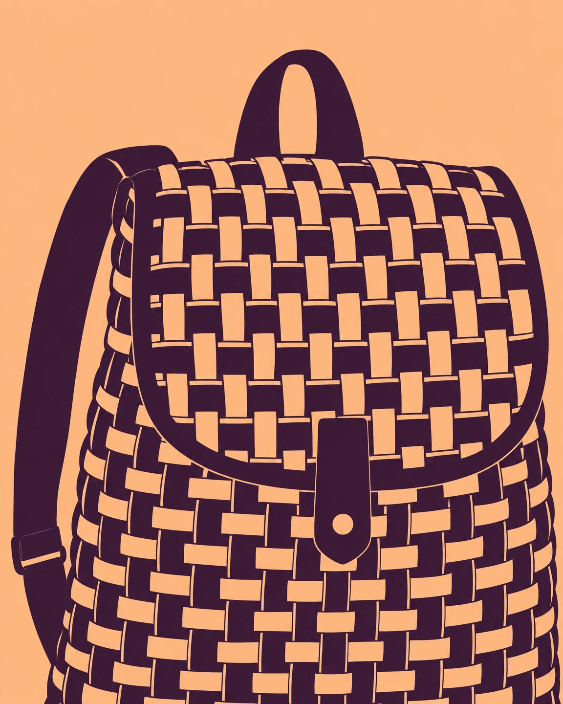 A close-up vector-style illustration of a dark aubergine woven backpack with a rounded flap, central button tab, top loop and left shoulder strap against a…