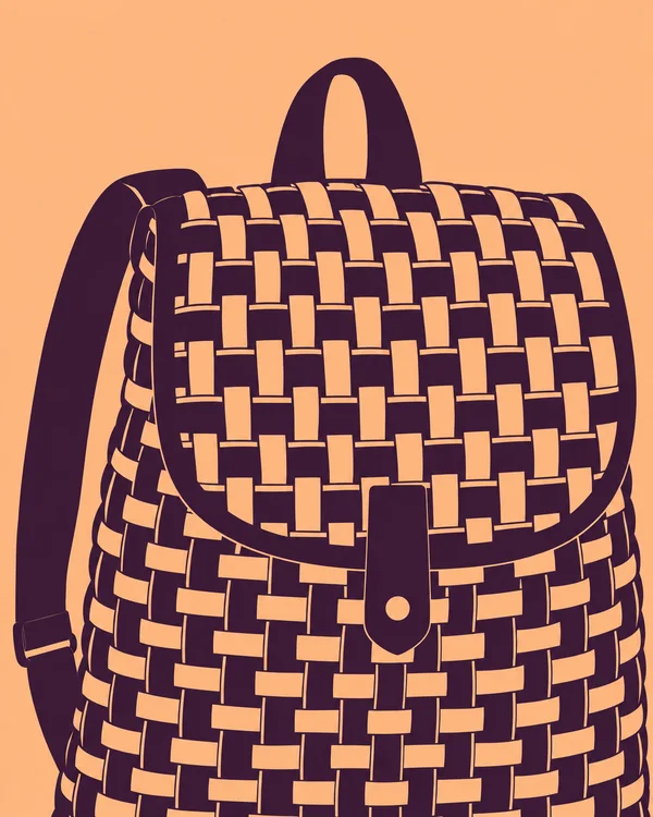 A close-up vector-style illustration of a dark aubergine woven backpack with a rounded flap, central button tab, top loop and left shoulder strap against a…