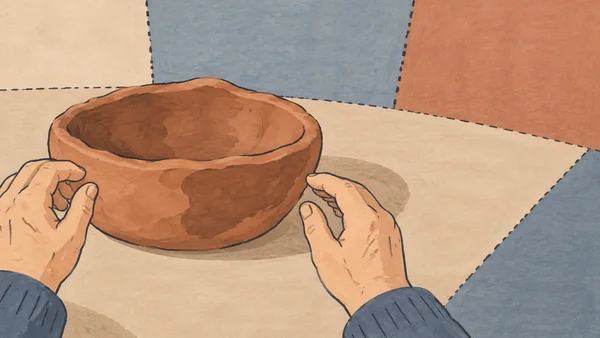 A large, squat terracotta bowl with a dark damp-looking patch sits on a patchwork-style pottery worktable, with two hands poised beside its uneven rim.