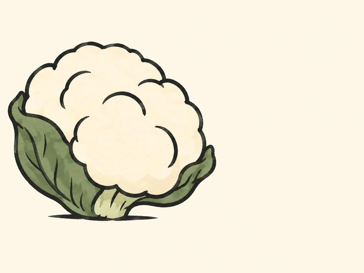 A large cream cauliflower with a scalloped crown and curved dark marks sits on the left against a warm ivory background.