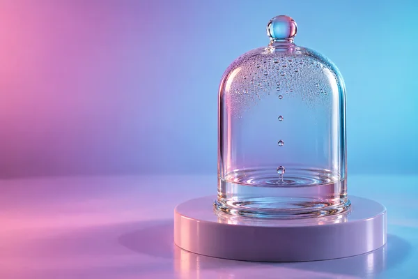 A clear glass bell jar with condensation beads and several descending water droplets stands on a glossy pale-lilac circular plinth, lit in pink and cyan…