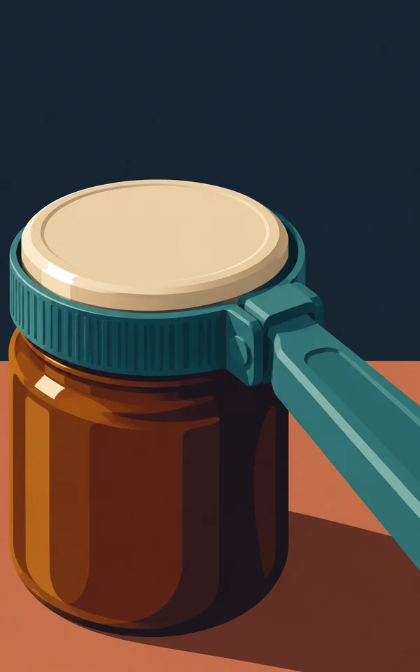 A teal adjustable jar opener grips a cream-colored lid on an amber glass jar, with its long handle extending diagonally toward the lower right across a…