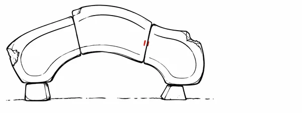 A broad, three-section arched sculpture stands on two small block feet, drawn in black outlines on white with chipped edges, inset contours, a broken ground…