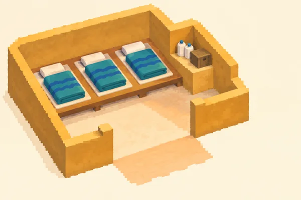 An isometric open-roof shelter room with three teal-covered sleeping mats on a raised platform, two water jugs and a wooden crate in a recessed nook, and a…