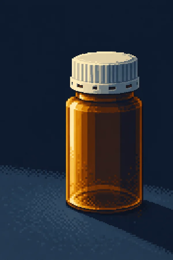 A large unlabelled amber medicine bottle with a pale ribbed cap stands on a dark blue surface, lit from the upper left and casting a long shadow toward the…