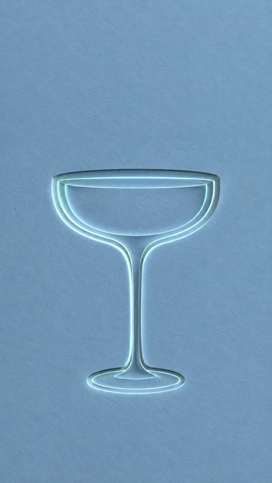 A large coupe-glass outline with a shallow bowl, long narrow stem, and oval foot glows mint and pale blue against a textured blue panel, with broad empty space…