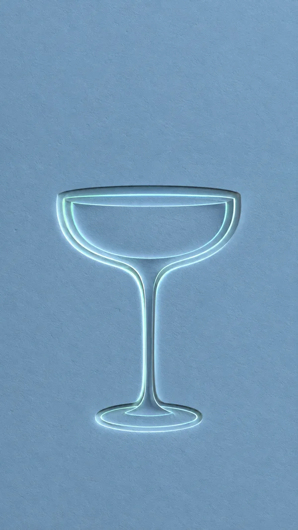 A large coupe-glass outline with a shallow bowl, long narrow stem, and oval foot glows mint and pale blue against a textured blue panel, with broad empty space…