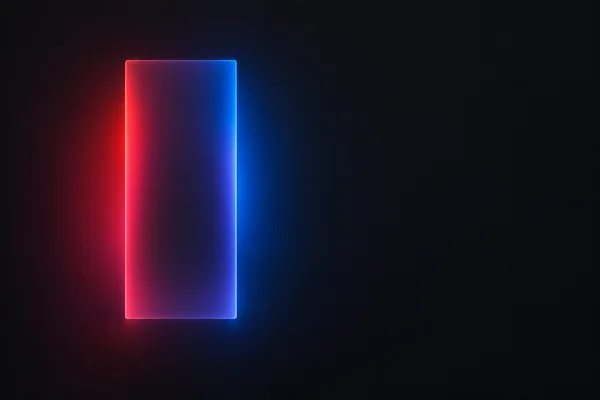 A tall translucent rectangular colour plane glows red along its left edge and electric blue along its right against a deep charcoal background, with open…