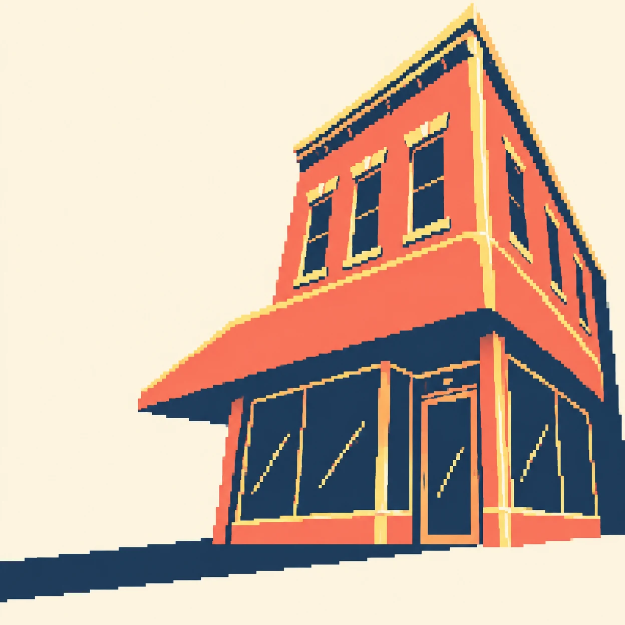 A coral corner commercial building with tall navy windows and a recessed entrance, viewed from pavement level against an ivory background.