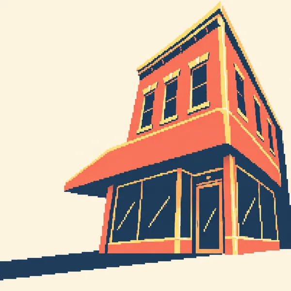 A coral corner commercial building with tall navy windows and a recessed entrance, viewed from pavement level against an ivory background.