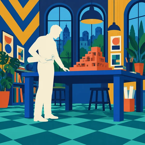 A featureless warm-ivory adult silhouette leans over a cobalt worktable toward a coral stepped building model, holding a rolled plan in a colorful design…
