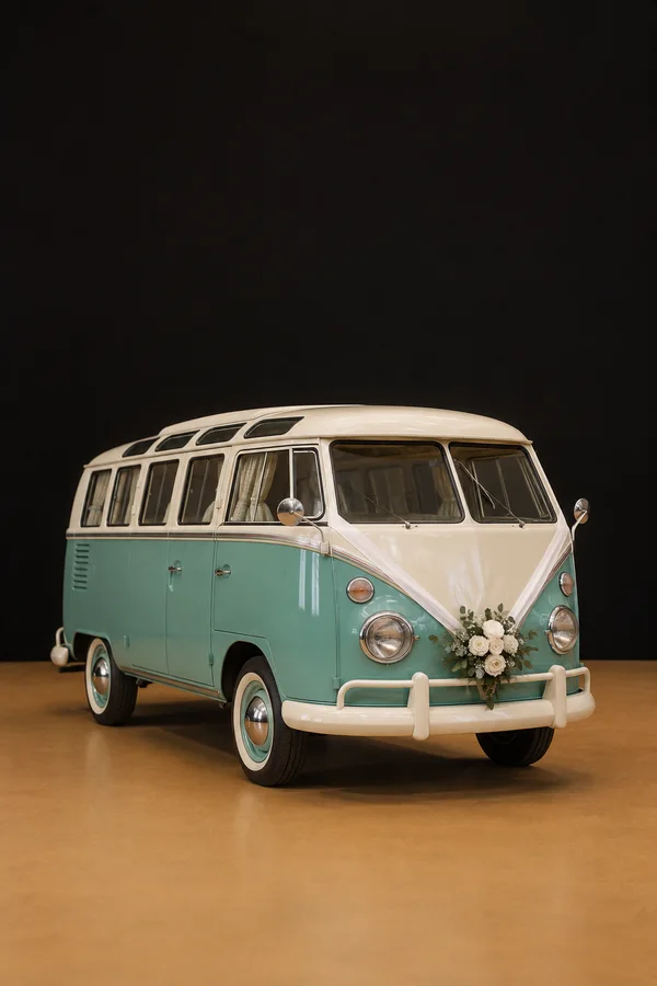A turquoise-and-cream vintage camper van is decorated with crossed ivory ribbons and a small white floral arrangement on its front.
