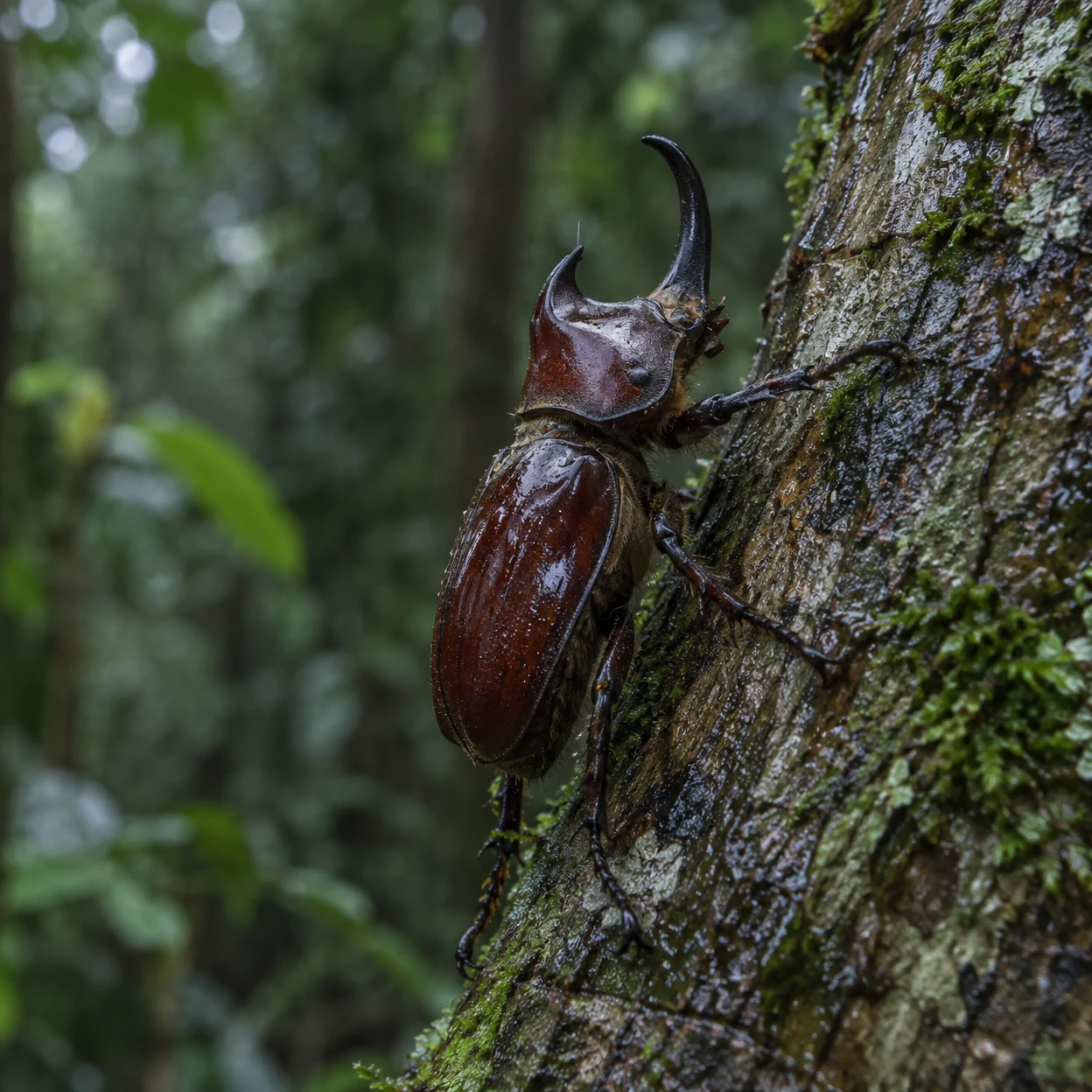 A glossy chestnut-brown rhinoceros beetle clings to a rain-darkened, mossy tree trunk, with its horn raised against a softly blurred green forest background.