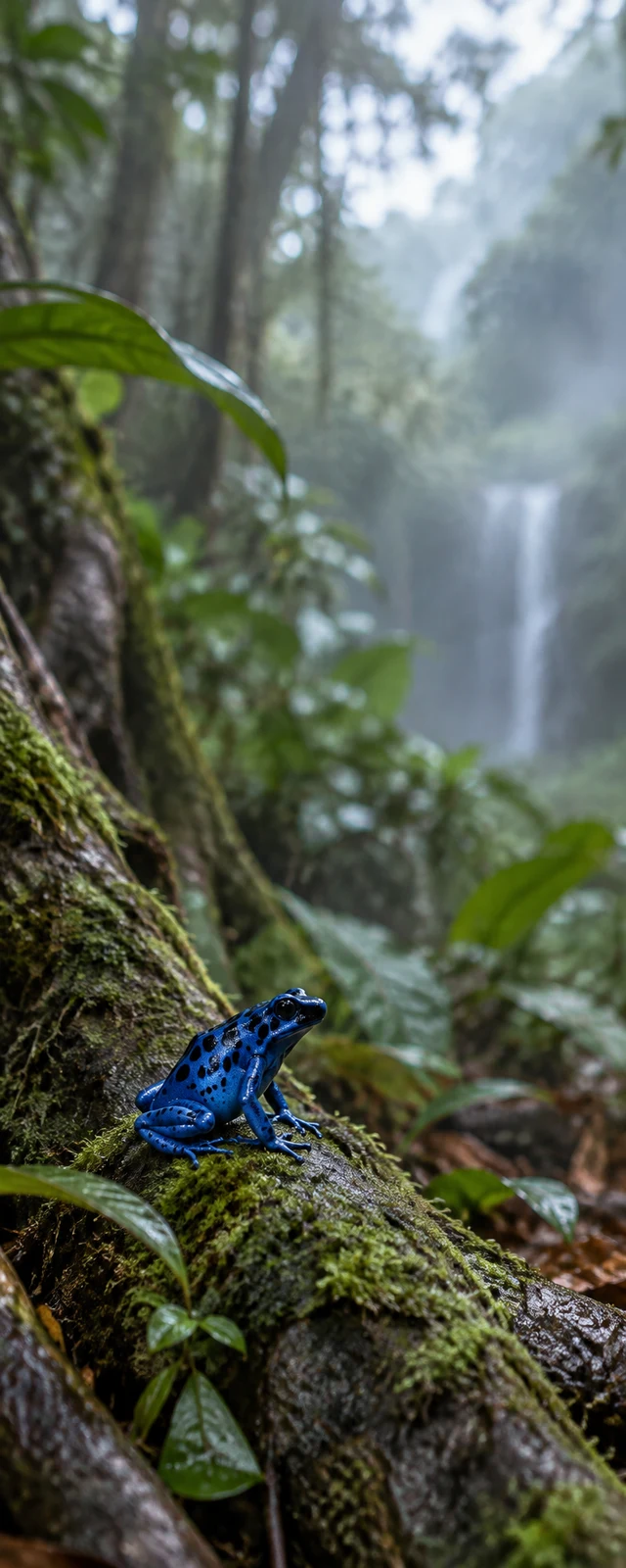 A bright blue, black-spotted frog sits on a moss-covered root in a rainforest, with soft-focus foliage and mist filling the tall frame.