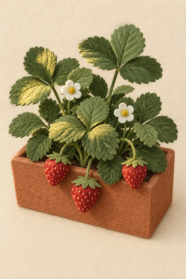 A felt-style strawberry plant with serrated green leaves, two white blossoms and three ripe red berries growing from a terracotta-colored rectangular planter…