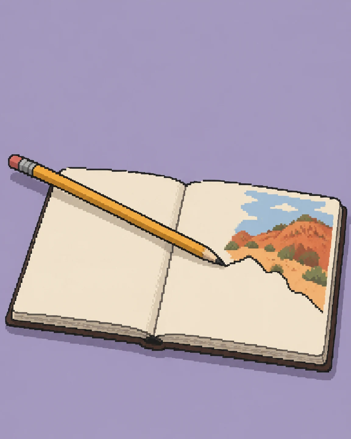 A long ochre pencil lies diagonally across an open ivory sketchbook on a muted lavender surface, pointing toward a jagged contour beside a small drawing of…