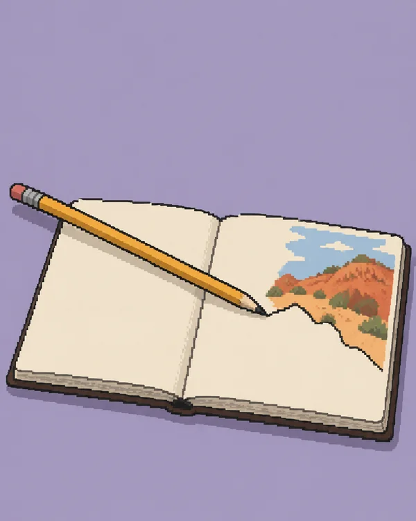 A long ochre pencil lies diagonally across an open ivory sketchbook on a muted lavender surface, pointing toward a jagged contour beside a small drawing of…
