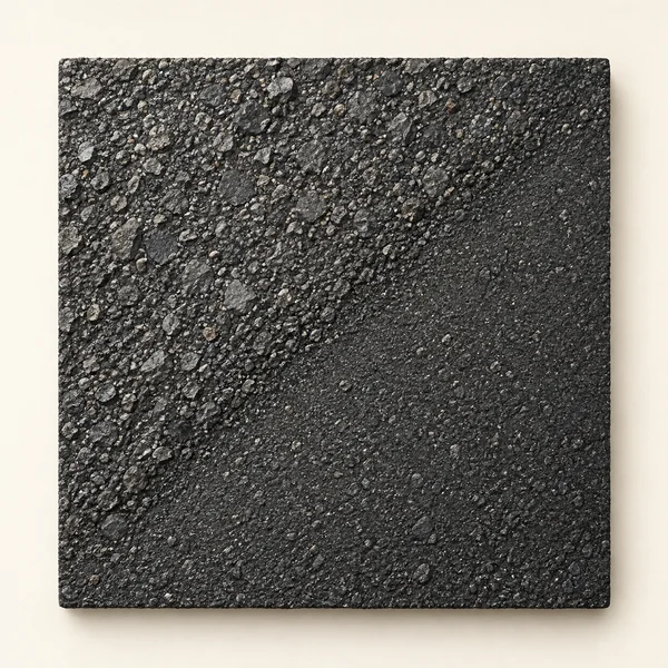 A square charcoal asphalt swatch on a warm ivory surface, with coarse, prominent aggregate in the upper-left giving way along an irregular diagonal to finer…