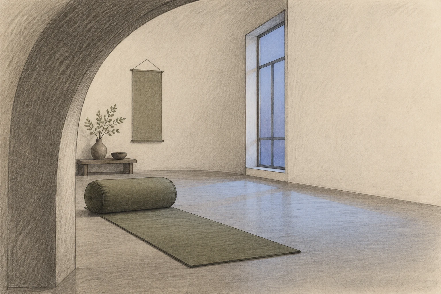A hand-drawn meditation studio seen through a large dark arch, with a moss-green bolster on a long mat, a tall blue window casting light across the floor, and…