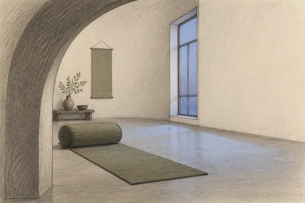 A hand-drawn meditation studio seen through a large dark arch, with a moss-green bolster on a long mat, a tall blue window casting light across the floor, and…
