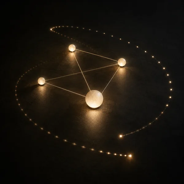 Four warm glowing spheres sit on a textured dark plane, joined by thin illuminated lines; a large oval sequence of small lights loops around the network.