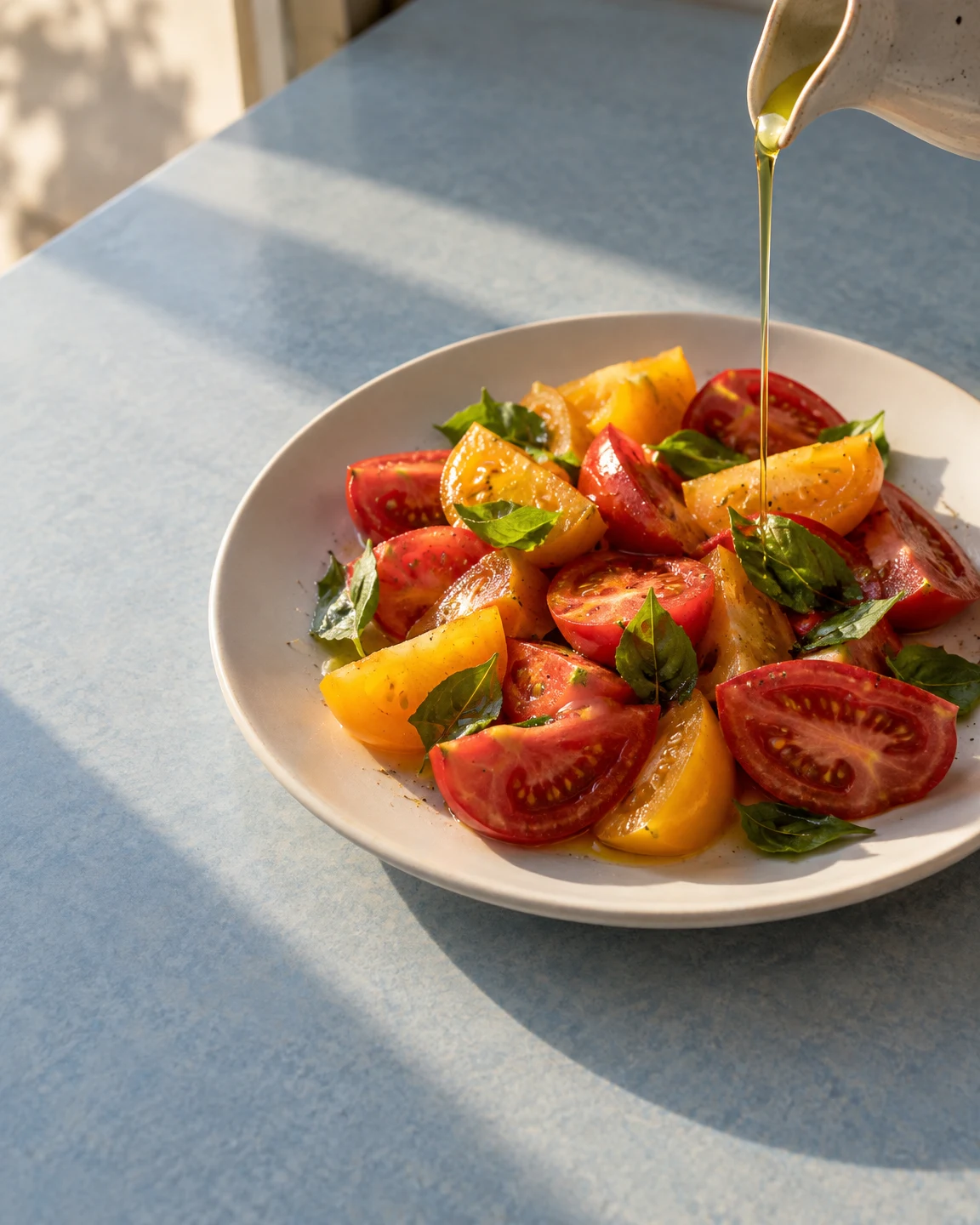 A white plate piled with red and yellow tomato wedges and green basil sits on a pale blue worktop as a thin stream of oil pours from a ceramic spout at the…