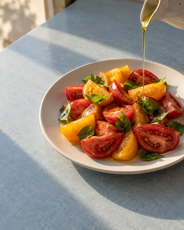 A white plate piled with red and yellow tomato wedges and green basil sits on a pale blue worktop as a thin stream of oil pours from a ceramic spout at the…