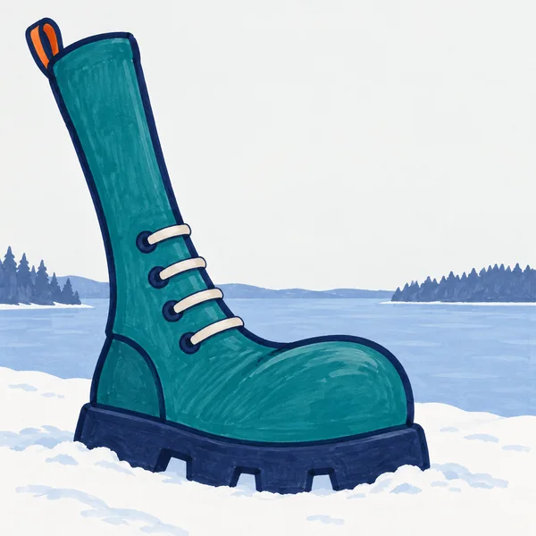 A large teal winter hiking boot with an elongated shaft, four cream lace strokes, an orange pull loop and a thick navy sole stands in snow before a pale-blue…
