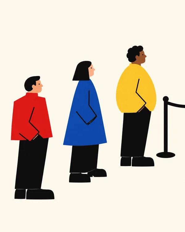 A minimalist illustration shows three people in red, blue and yellow tops standing in a diagonal queue, with a black barrier beside the person in yellow.