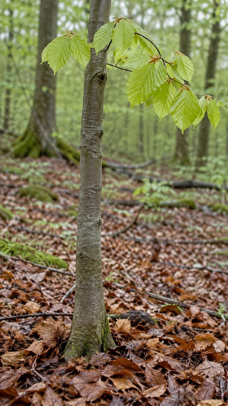 A young silver-grey tree trunk rises from copper leaf litter and spiky husks in a softly blurred woodland, with fresh light-green leaves on a bent branch…