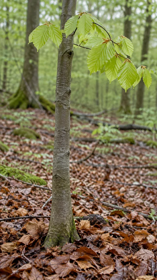 A young silver-grey tree trunk rises from copper leaf litter and spiky husks in a softly blurred woodland, with fresh light-green leaves on a bent branch…