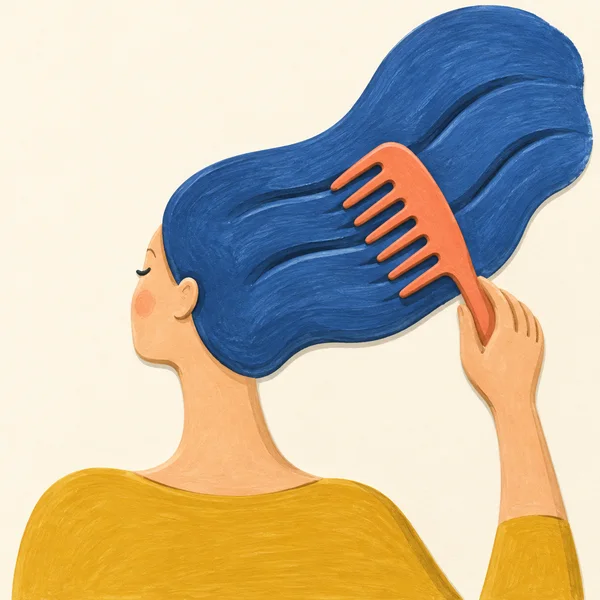 A person in a mustard top raises a coral wide-tooth comb through a large sweep of blue hair against a warm ivory background.