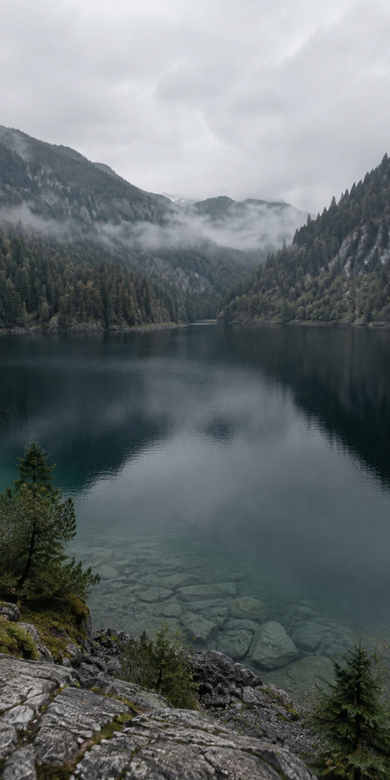 A calm mountain lake viewed from a rocky shore, with pale stones visible beneath the foreground shallows, dark water, forested slopes, low mist and an overcast…