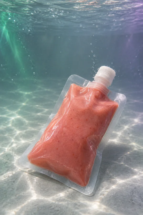 A translucent coral-pink smoothie pouch with a white screw cap lies diagonally on a pale underwater tank floor, surrounded by bubbles and green-violet light.