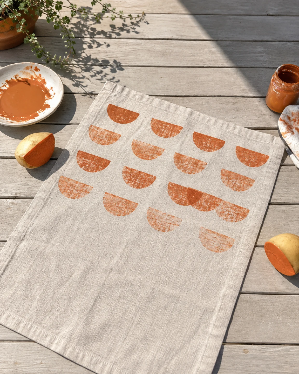 An overhead view of a cream linen towel laid diagonally on a pale wooden table, with loose rows of burnt-orange semicircle prints and a blank lower section.