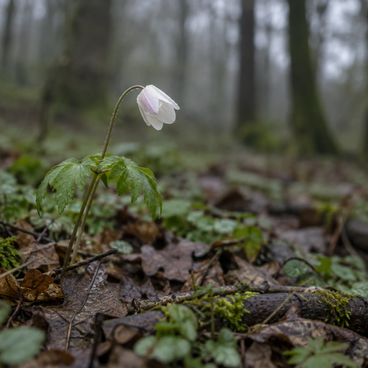 A single drooping white flower with a faint pink tint grows on a slender curved stem above deeply cut green leaves, surrounded by damp brown leaf litter and…