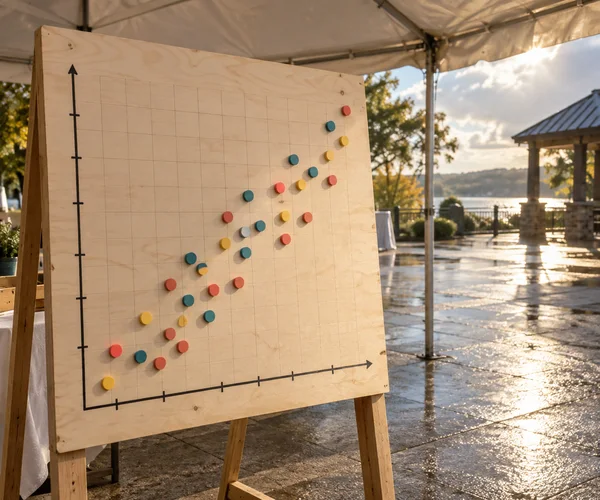 A freestanding plywood board displays a gridded scatter plot made from coral, yellow and teal wooden counters beneath a canvas canopy; wet paving and a…