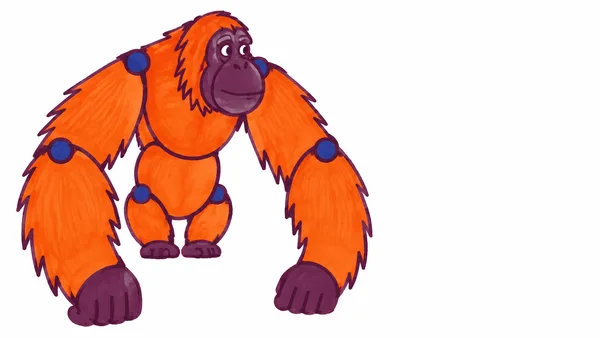 A hand-drawn orange orangutan faces three-quarter view on a white background, its long arms curving down to large plum-coloured knuckles.