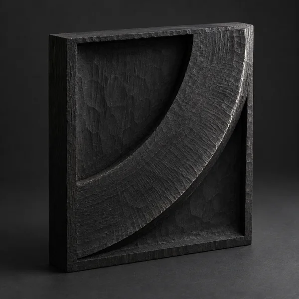 A thick blackened wooden relief panel stands upright on a charcoal surface, its deeply recessed face crossed by a broad textured arc that curves from the lower…