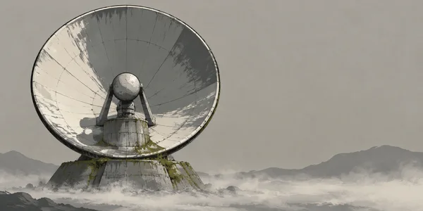 A large weathered satellite dish rises from a moss-streaked concrete footing in a misty mountain landscape, with a broad empty grey sky to the right.