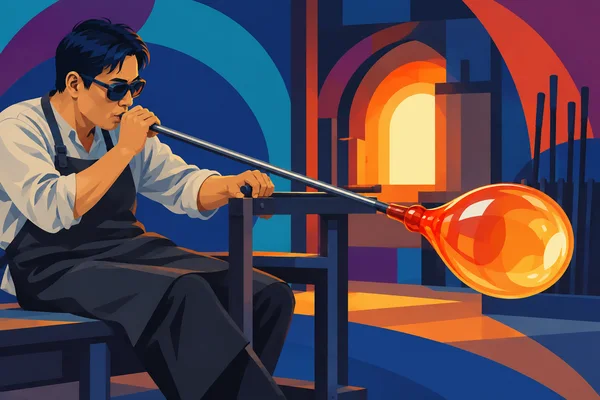 A seated glassworker in protective glasses and a charcoal apron blows through a long steel pipe, forming a glowing orange pear-shaped glass bubble beside a…