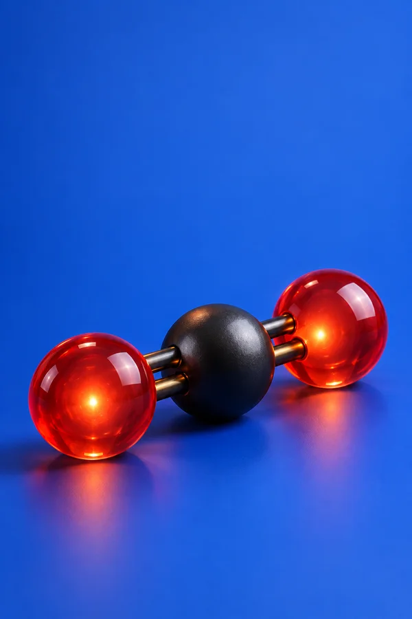 A diagonal carbon-dioxide molecule sculpture rests on a cobalt-blue studio floor, with a textured black central sphere connected by paired metallic rods to two…