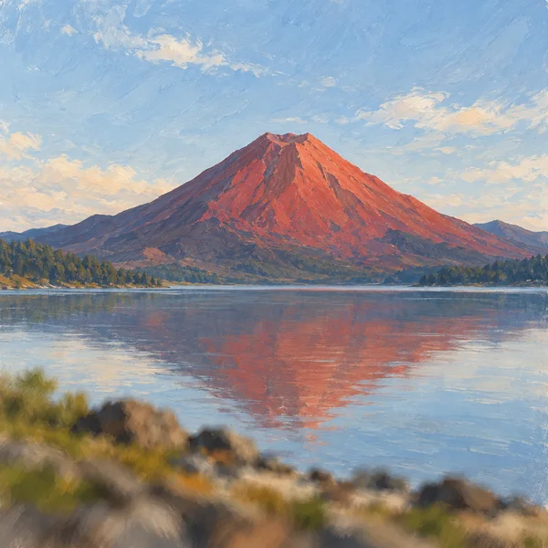 A broad scarlet, ridged volcano rises above a still lake, with its red reflection stretching across the water beneath a pale-blue, brush-painted sky.