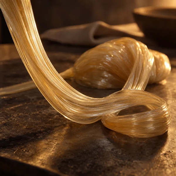 Glossy amber sugar ribbons sweep down from the upper left and loop across a dark, textured surface, with a softly blurred coil behind them.