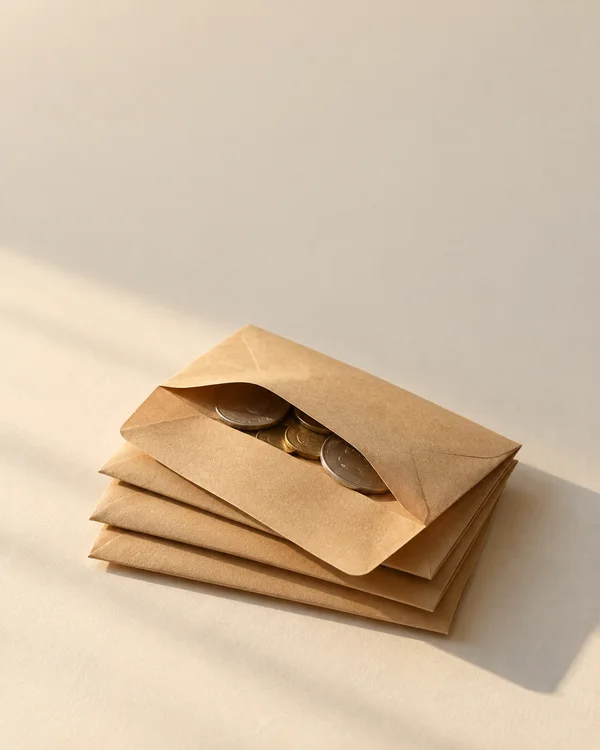 Four blank kraft envelopes form a staggered stack on a warm ivory tabletop, with several silver- and brass-colored coins visible inside the open top envelope.