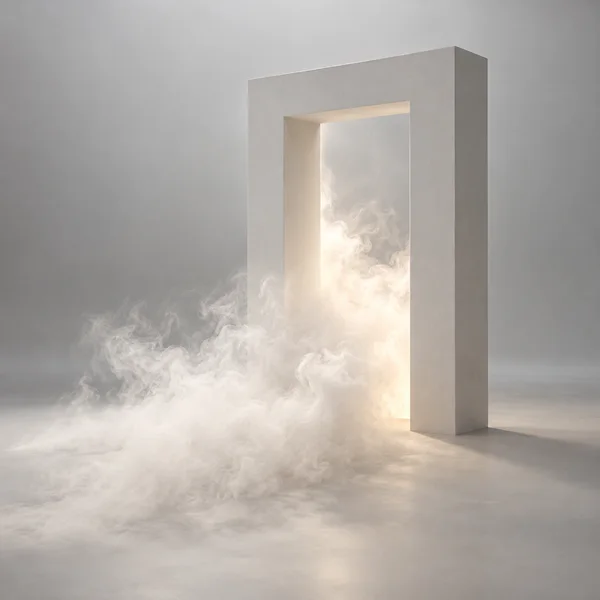 A thick white mist with fine curling wisps spills through a deep rectangular white portal onto a pale studio floor, lit by a warm glow at the opening.