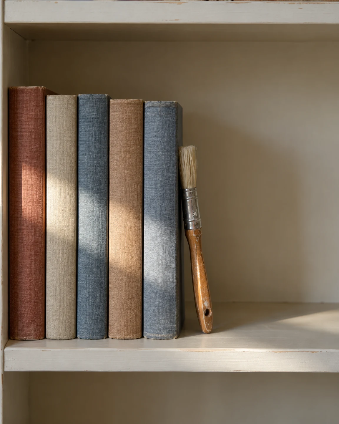 Five clothbound books in brick, oatmeal and faded blue stand on a worn cream-painted shelf, with a wooden-handled brush leaning bristles-up beside them.
