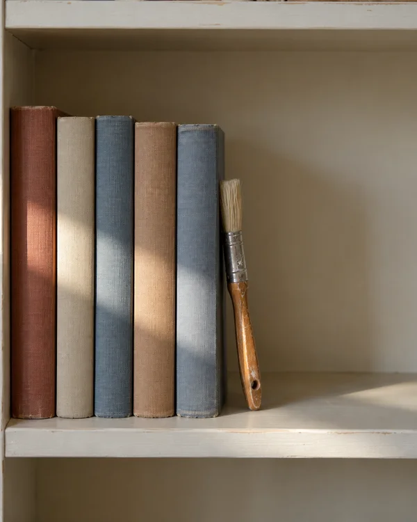 Five clothbound books in brick, oatmeal and faded blue stand on a worn cream-painted shelf, with a wooden-handled brush leaning bristles-up beside them.