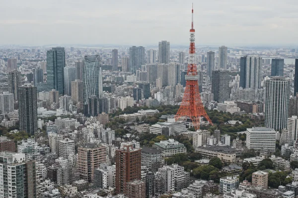An elevated view across dense Tokyo rooftops and mid-rise blocks toward the orange-and-white Tokyo Tower under a pale overcast sky.